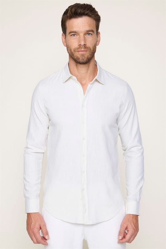 Erkek Slim Fit Dar Kesim Uzun Kollu %100 Pamuk Keten Doku Düz Sarı Gömlek