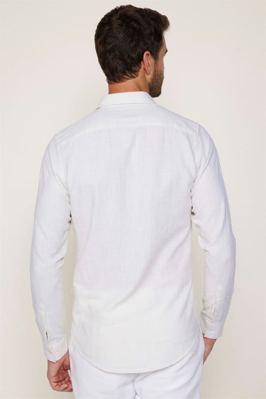 Erkek Slim Fit Dar Kesim Uzun Kollu %100 Pamuk Keten Doku Düz Sarı Gömlek