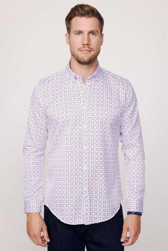 Slim Fit Uzun Kollu Düğmeli Yaka Baskılı Yaka Biyeli Gömlek