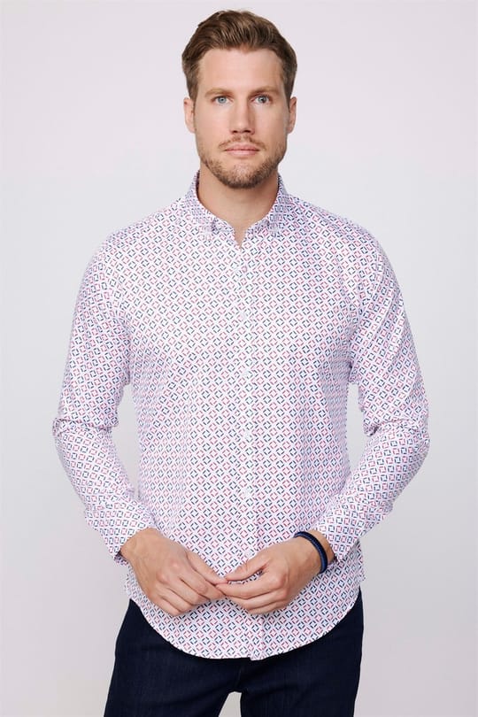 Slim Fit Uzun Kol Baskılı Yaka Biyeli Beyaz Gömlek