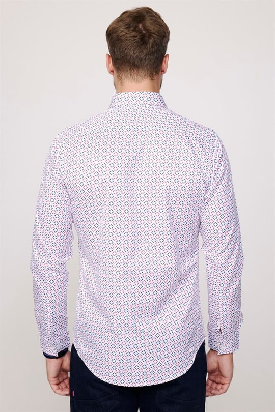 Slim Fit Uzun Kollu Düğmeli Yaka Baskılı Yaka Biyeli Gömlek