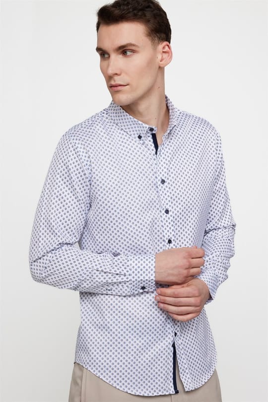 Slim Fit Uzun Kol Baskılı Biyeli Beyaz Erkek Gömlek