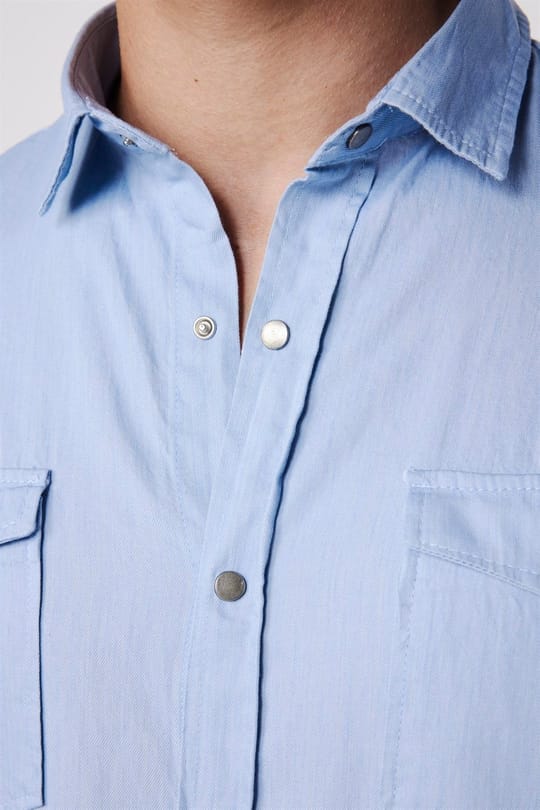 Slim Fit Uzun Kollu Çift Cep Çıtçıtlı Denim Kot Erkek Mavi Gömlek
