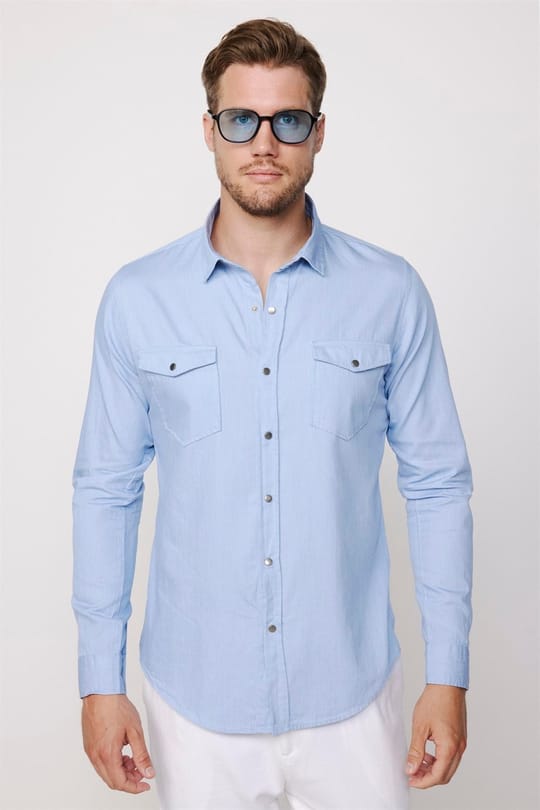 Slim Fit Uzun Kollu Çift Cep Çıtçıtlı Denim Kot Erkek Mavi Gömlek