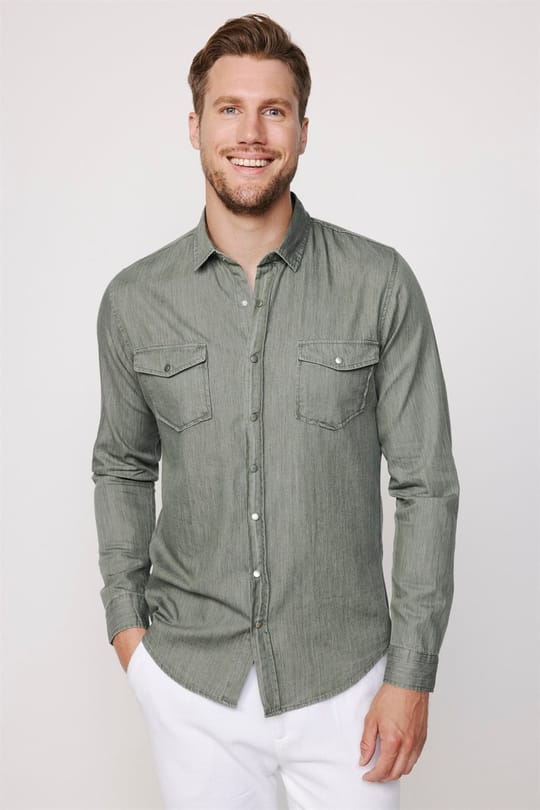 Slim Fit Uzun Kollu Çift Cep Çıtçıtlı Denim Kot Erkek Haki Gömlek