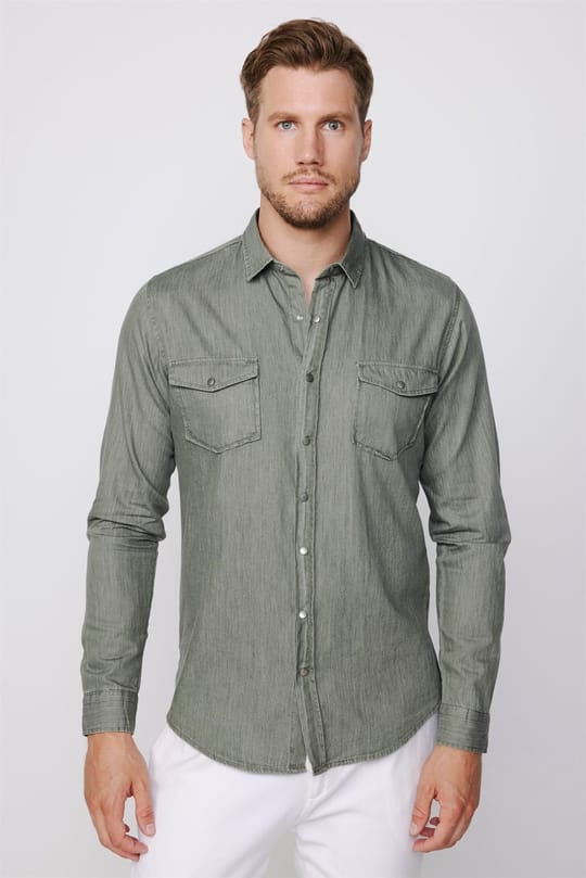 Slim Fit Uzun Kol Kot Çift Cep Çıtçıtlı Denim Erkek Haki Gömlek