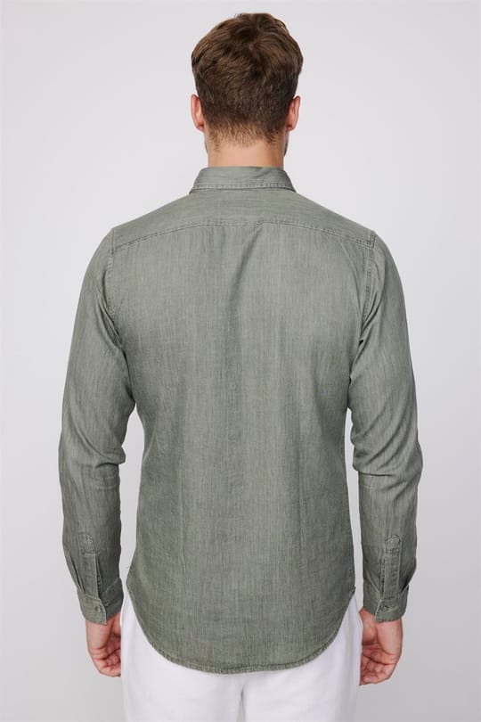 Slim Fit Uzun Kollu Çift Cep Çıtçıtlı Denim Kot Erkek Haki Gömlek