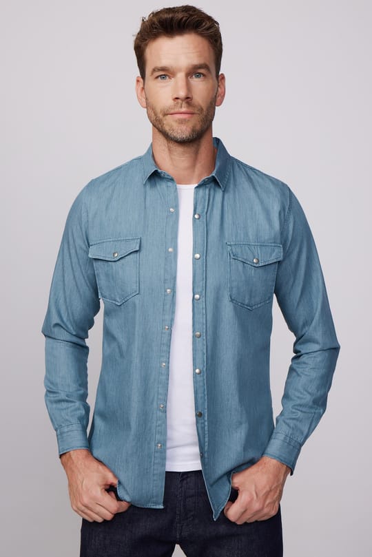 Slim Fit Uzun Kollu Çift Cep Çıtçıtlı Denim Kot Petrol Rengi Erkek Gömlek
