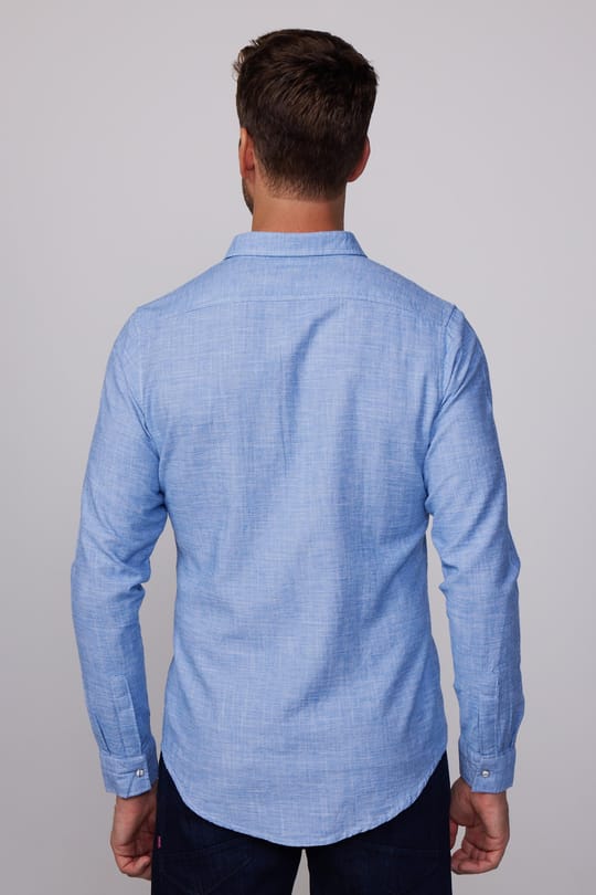 Erkek Slim Fit Dar Kesim Uzun Kollu %100 Pamuk Keten Doku Çift Cep Biyeli Mavi Gömlek