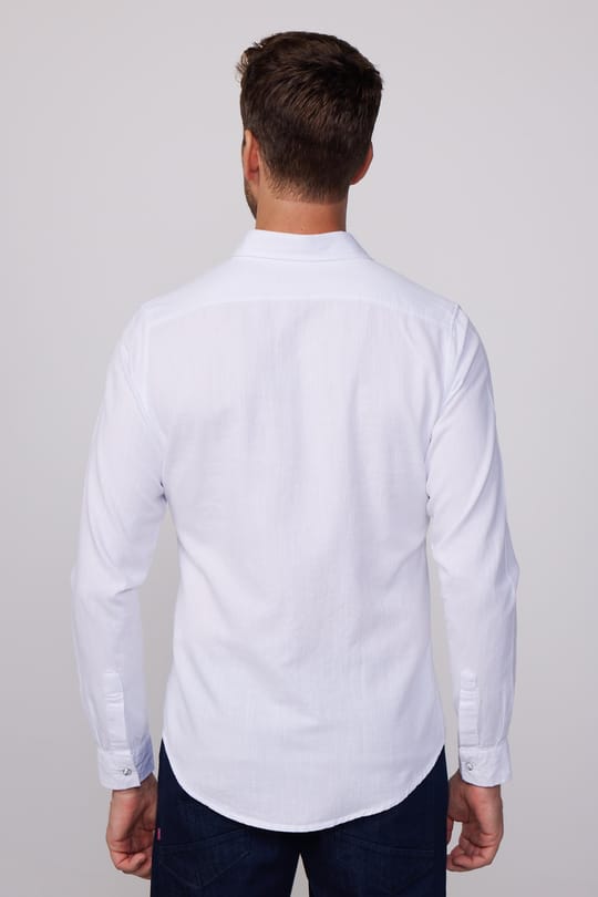 Erkek Slim Fit Dar Kesim Uzun Kollu %100 Pamuk Keten Doku Çift Cep Biyeli Beyaz Gömlek