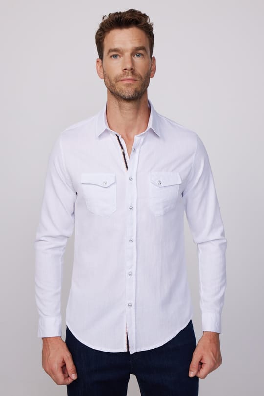 Erkek Slim Fit Dar Kesim Uzun Kollu %100 Pamuk Keten Doku Çift Cep Biyeli Beyaz Gömlek