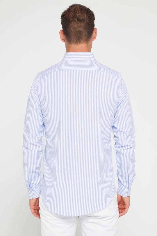 Slim Fit Uzun Kollu Düğmeli Yaka Çizgili Yumuşak Dokulu Pamuklu Erkek Gömlek