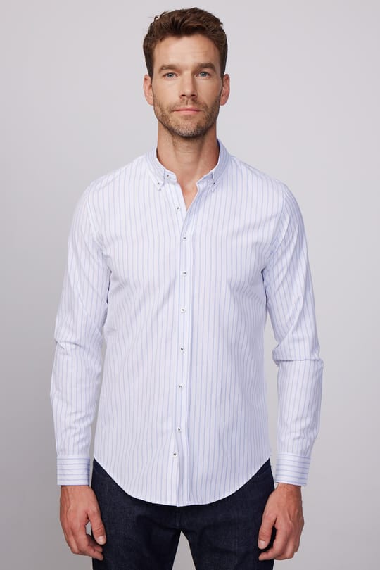 Slim Fit Uzun Kollu Düğmeli Yaka Çizgili Yumuşak Dokulu Pamuklu Erkek Gömlek