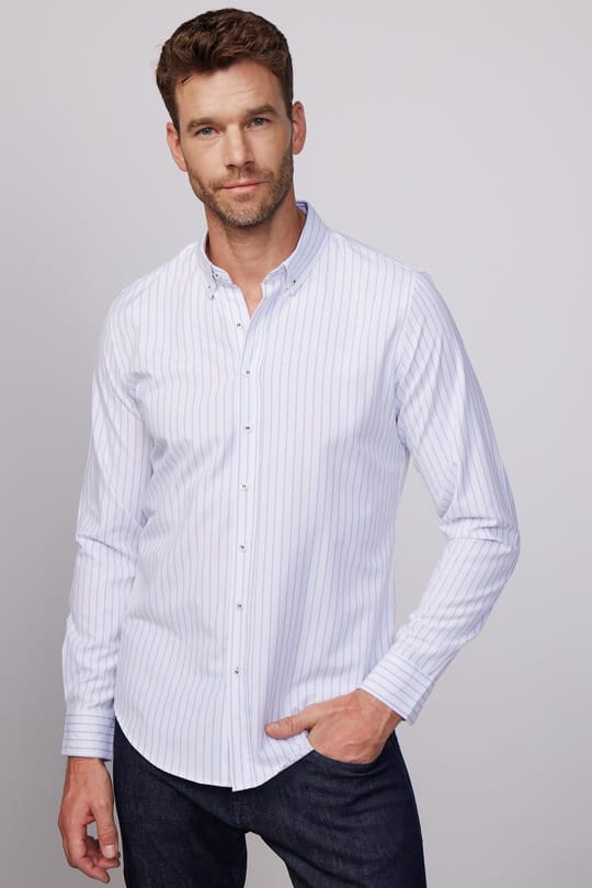 Slim Fit Uzun Kollu Düğmeli Yaka Çizgili Yumuşak Dokulu Pamuklu Erkek Gömlek