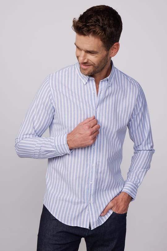 Slim Fit Uzun Kollu Düğmeli Yaka Çizgili Yumuşak Dokulu Pamuklu Erkek Gömlek
