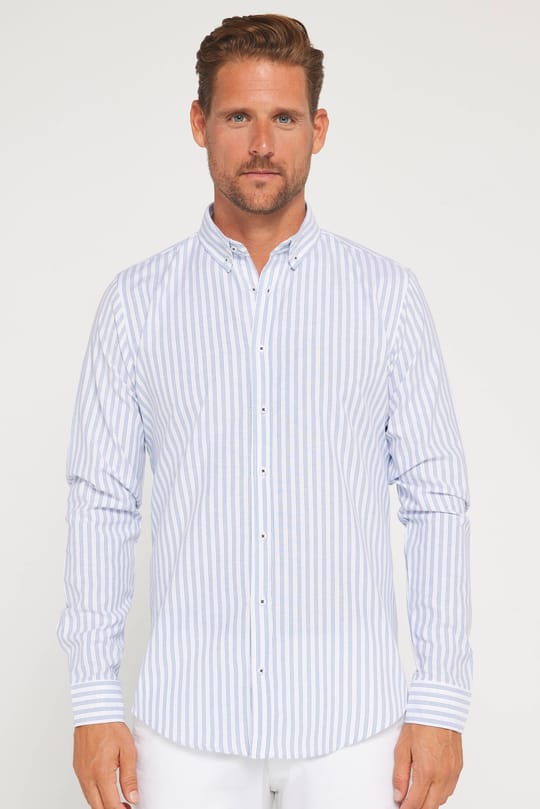 Slim Fit Uzun Kollu Düğmeli Yaka Çizgili Yumuşak Dokulu Pamuklu Erkek Gömlek