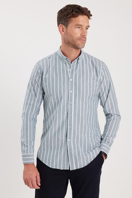 Slim Fit Uzun Kollu Düğmeli Yaka Çizgili Yumuşak Dokulu Pamuklu Erkek Gömlek