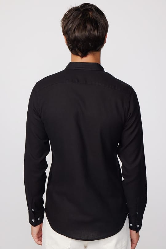 Erkek Slim Fit Dar Kesim Uzun Kollu %100 Pamuk Keten Doku Biyeli Düğmeli Yaka Siyah Gömlek