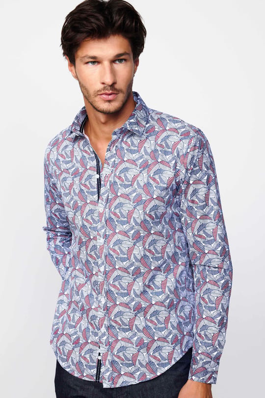 Slim Fit Uzun Kollu Dar Kesim Baskılı Oxford Doku Erkek Gömlek