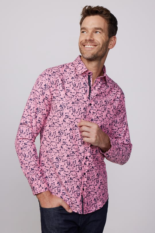 Slim Fit Dar Kesim Baskılı Oxford Doku Pembe Erkek Gömlek