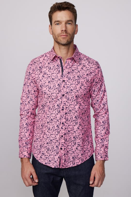 Slim Fit Uzun Kollu Dar Kesim Baskılı Oxford Doku Pembe Erkek Gömlek