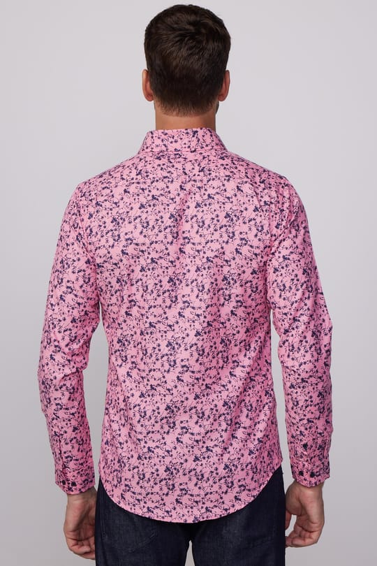 Slim Fit Uzun Kollu Dar Kesim Baskılı Oxford Doku Pembe Erkek Gömlek