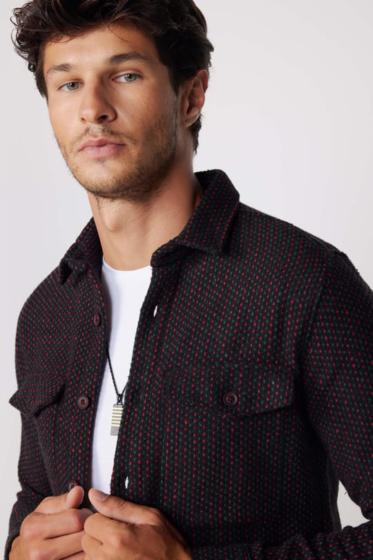 Slim Fit Çizgili Kapaklı Çift Cep Erkek Gömlek