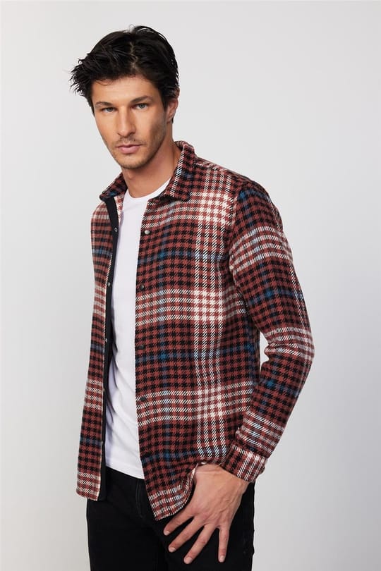 Erkek Slim Fit Dar Kesim Uzun Kollu Kareli Kışlık Oduncu Gömlek