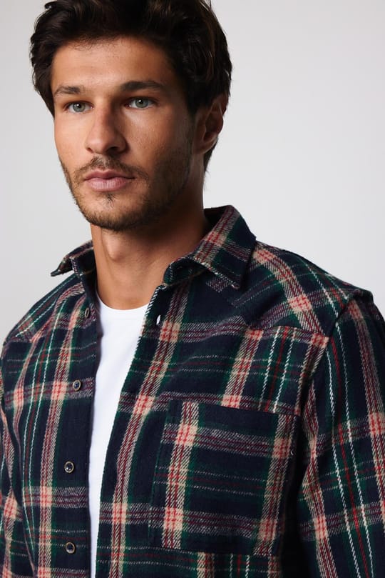 Erkek Slim Fit Dar Kesim Uzun Kollu Kareli Tek Cepli Kışlık Oduncu Gömlek
