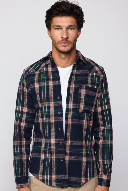 Erkek Slim Fit Dar Kesim Uzun Kollu Kareli Tek Cepli Kışlık Oduncu Gömlek
