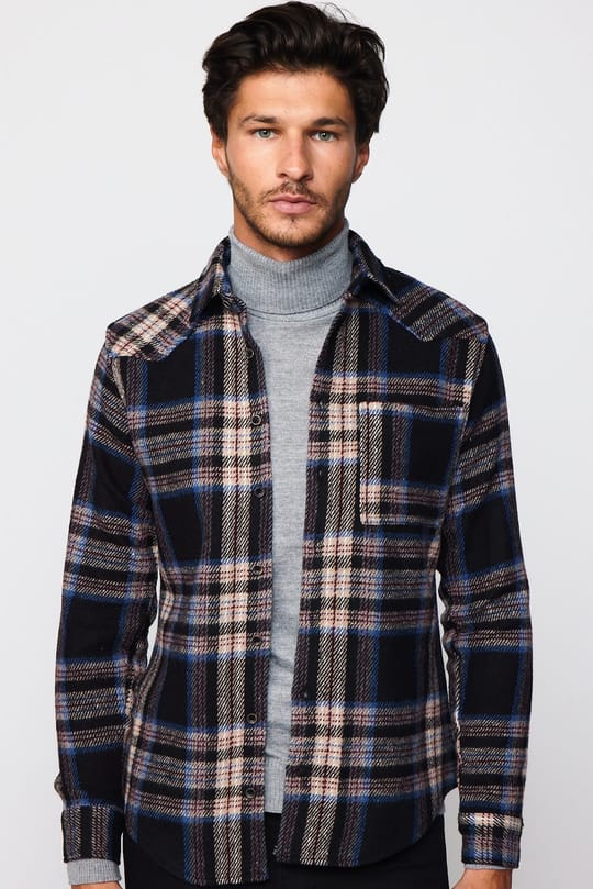Erkek Slim Fit Dar Kesim Uzun Kollu Kareli Tek Cepli Kışlık Oduncu Gömlek