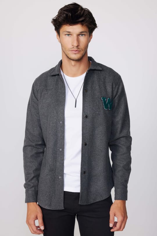 Slim Fit Kaşe Çıtçıtlı Armalı Düz Oduncu Gri Erkek Gömlek