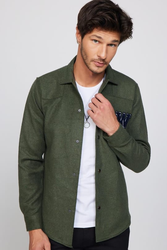 Erkek Slim Fit Dar Kesim Uzun Kollu Pamuklu Düz Kışlık Oduncu Haki Gömlek