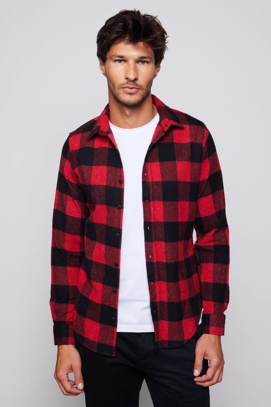 Erkek Slim Fit Dar Kesim Uzun Kollu Kareli Kışlık Oduncu Gömlek