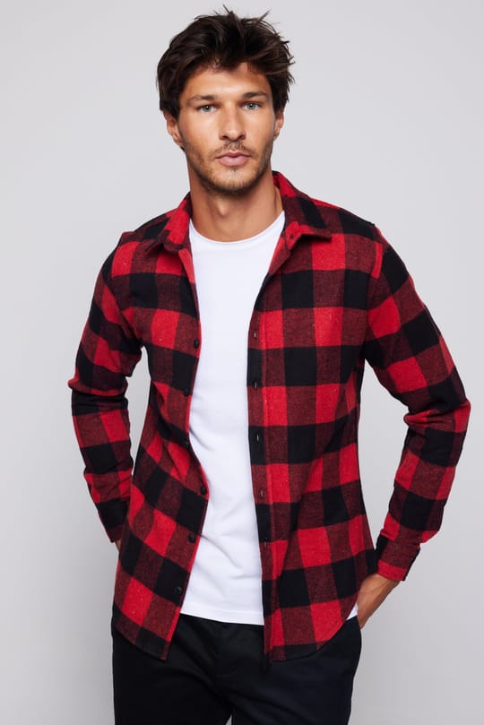 Erkek Slim Fit Dar Kesim Uzun Kollu Kareli Kışlık Oduncu Gömlek