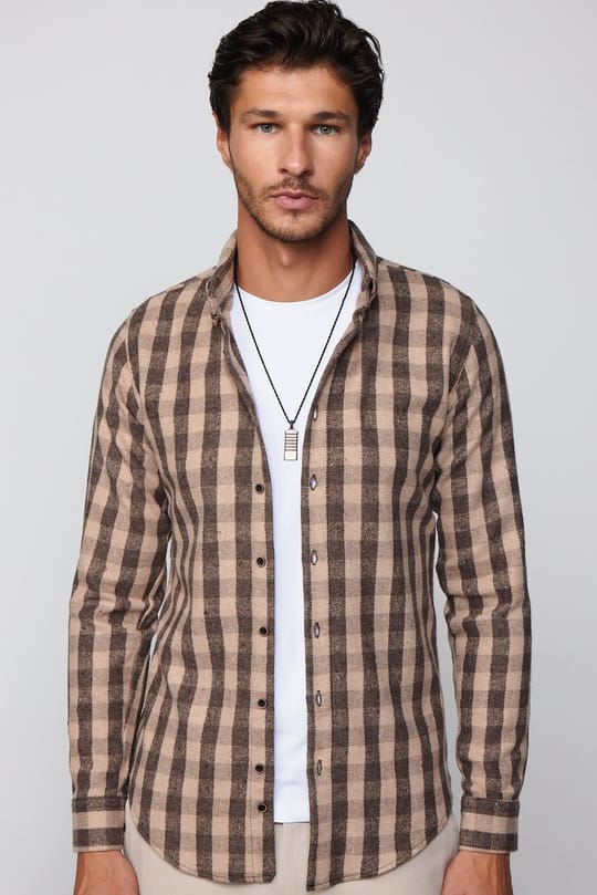 Erkek Slim Fit Dar Kesim Uzun Kollu Pamuklu Kareli Kışlık Oduncu Düğmeli Yaka Gömlek