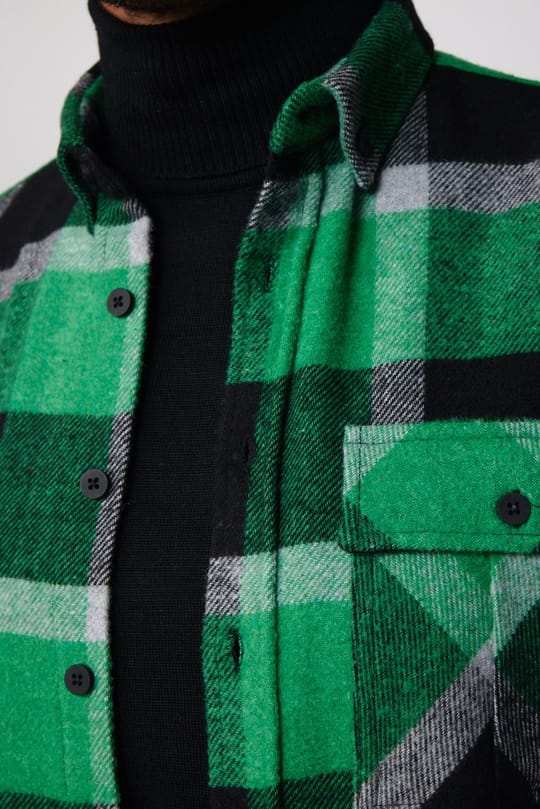 Erkek Slim Fit Dar Kesim Uzun Kollu Kareli Tek Cepli Kışlık Oduncu Yeşil Düğmeli Yaka Gömlek
