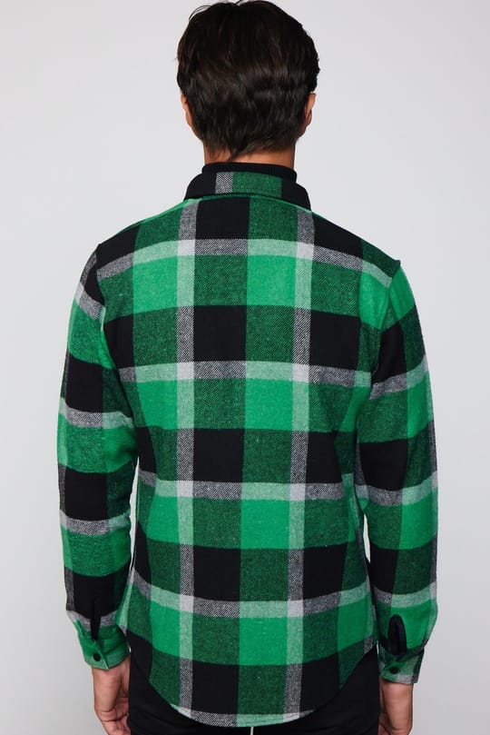 Erkek Slim Fit Dar Kesim Uzun Kollu Kareli Tek Cepli Kışlık Oduncu Yeşil Düğmeli Yaka Gömlek