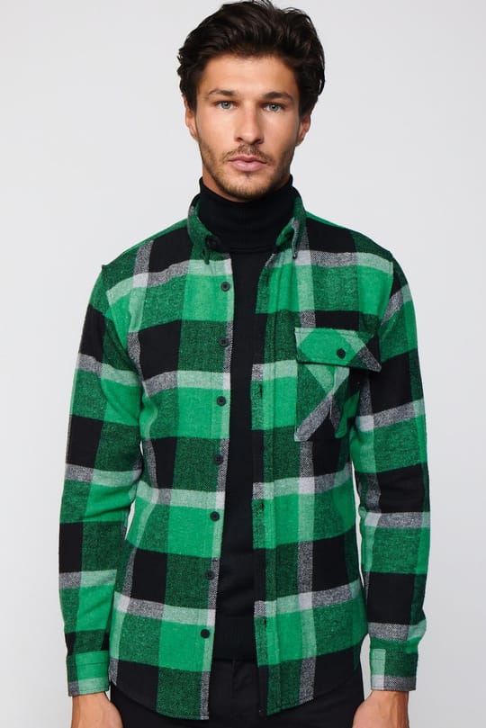 Erkek Slim Fit Dar Kesim Uzun Kollu Kareli Tek Cepli Kışlık Oduncu Yeşil Düğmeli Yaka Gömlek
