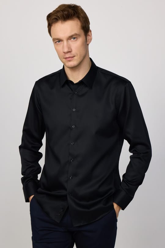 Slim Fit Siyah Non-Iron %100 Pamuk Doğa Dostu Ekoteks Belgeli Ütü Gerektirmez Gömlek