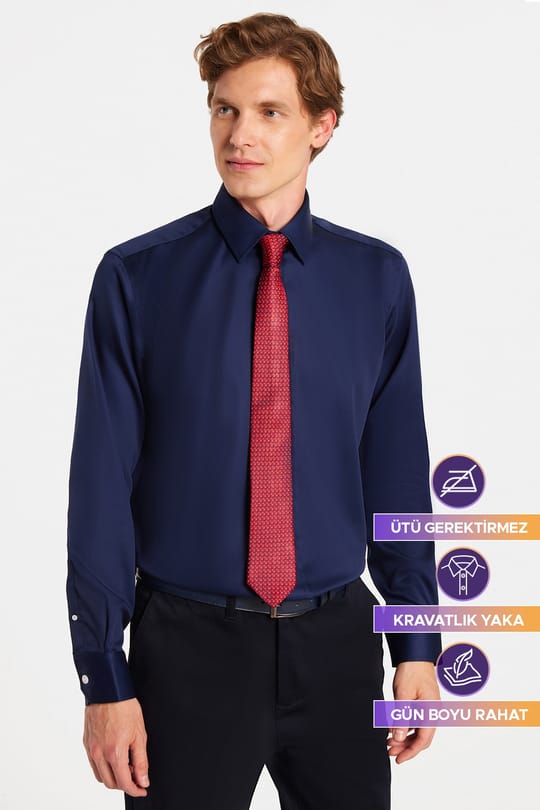 Slim Fit Lacivert Non-Iron %100 Pamuk Doğa Dostu Ekoteks Belgeli  Gömlek