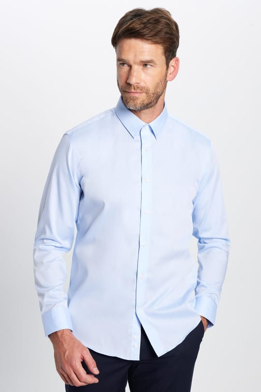 Slim Fit Mavi Non-Iron %100 Pamuk Doğa Dostu Ekoteks Belgeli Ütü Gerektirmez Gömlek