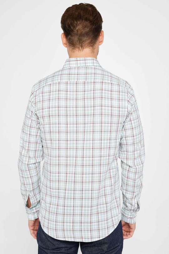 Erkek Slim Fit Dar Kesim Uzun Kollu %100 Pamuk Keten Doku Kareli Gömlek