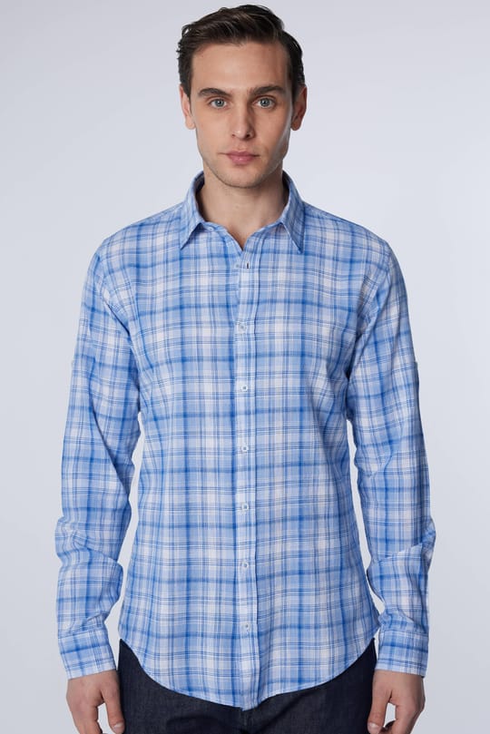 Erkek Slim Fit Dar Kesim Uzun Kollu %100 Pamuk Keten Doku Kareli Gömlek