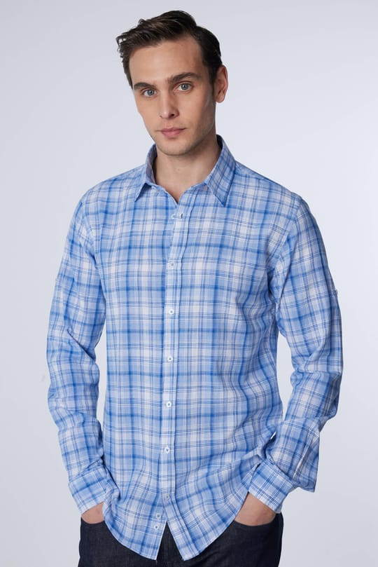 Erkek Slim Fit Dar Kesim Uzun Kollu %100 Pamuk Keten Doku Kareli Gömlek