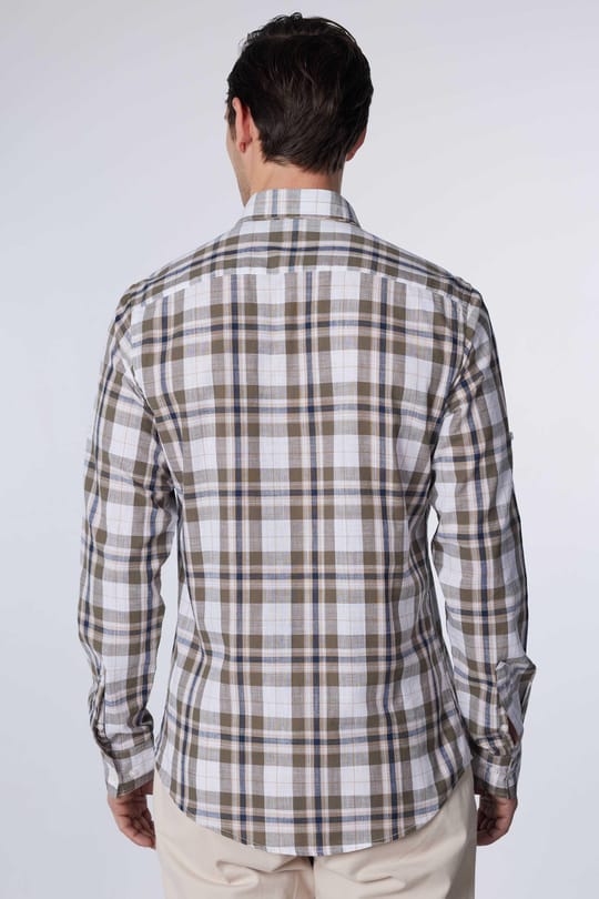 Erkek Slim Fit Dar Kesim Uzun Kollu %100 Pamuk Keten Doku Kareli Gömlek