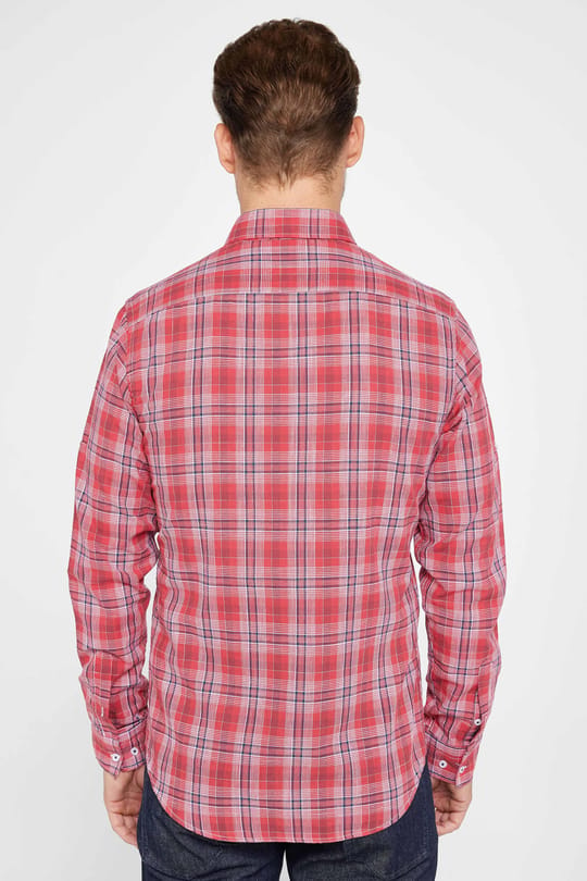 Erkek Slim Fit Dar Kesim Uzun Kollu %100 Pamuk Keten Doku Kareli Gömlek