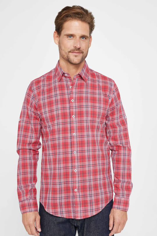 Erkek Slim Fit Dar Kesim Uzun Kollu %100 Pamuk Keten Doku Kareli Gömlek