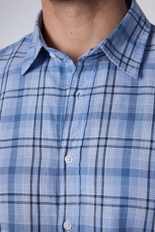 Erkek Slim Fit Dar Kesim Uzun Kollu %100 Pamuk Keten Doku Kareli Gömlek