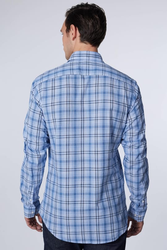 Erkek Slim Fit Dar Kesim Uzun Kollu %100 Pamuk Keten Doku Kareli Gömlek